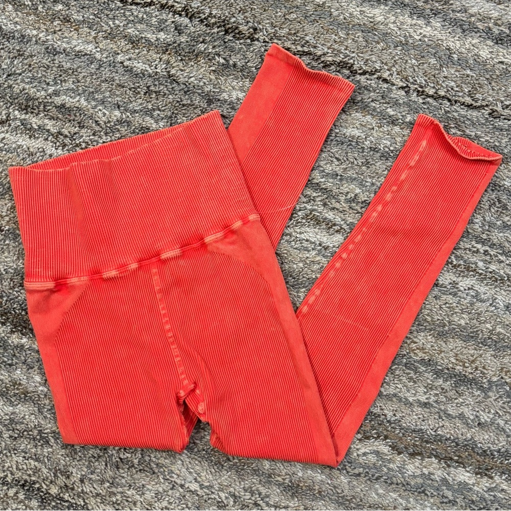 Free People Ribbed High-Waist Leggings in Red-Orange